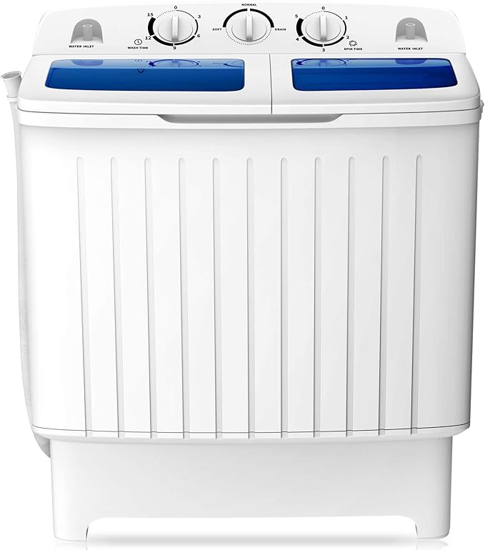 COSTWAY Portable Washing Machine, Twin Tub 20 Lbs Capacity, Compact Laundry Washer(12 Lbs) and Spinner(8 Lbs), Durable Design, Timer Control, Perfect for RV, Apartments and Dorms, Blue+White