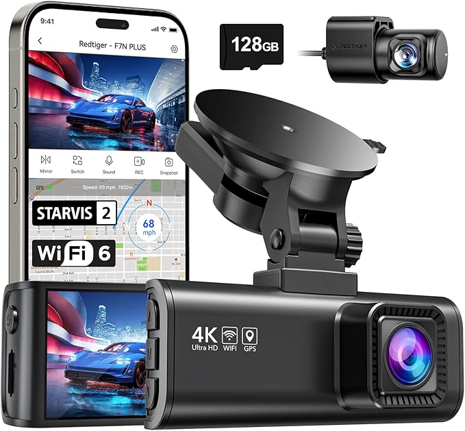 REDTIGER 4K Dash Cam Front Rear, STARVIS 2 Sensor, Free Card Included, 5.8GHz WiFi-20MB/s Fast Download, Dash Camera for Cars with GPS, WDR Night Vision, 170°Wide Angle, 24H Parking Mode(F7NP)
