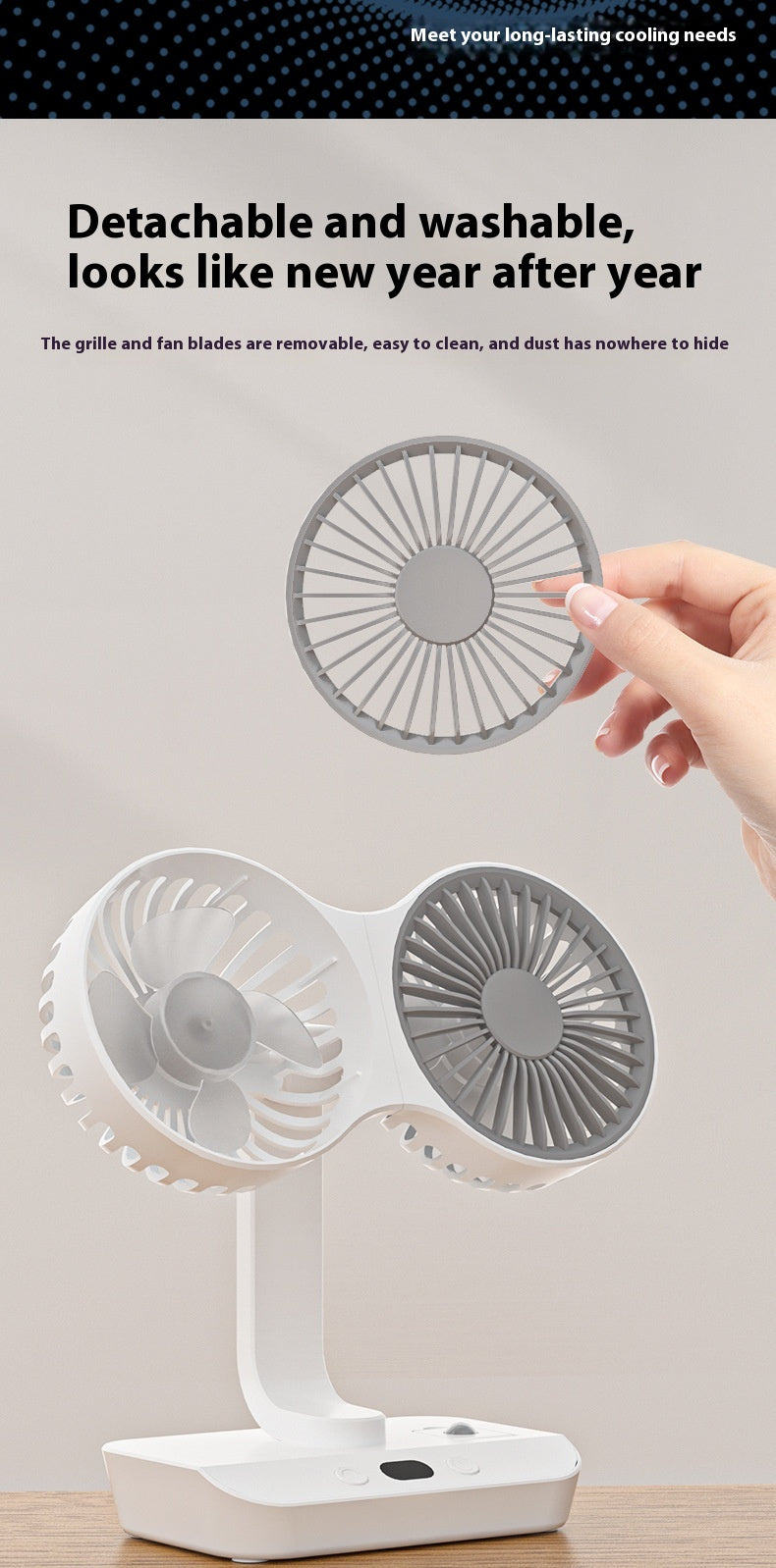 Dual-Head-USB-Ventilator — Bürstenloser Motor mit 4 Geschwindigkeiten, Auto-Oszillation, Fülllicht, extrem leise