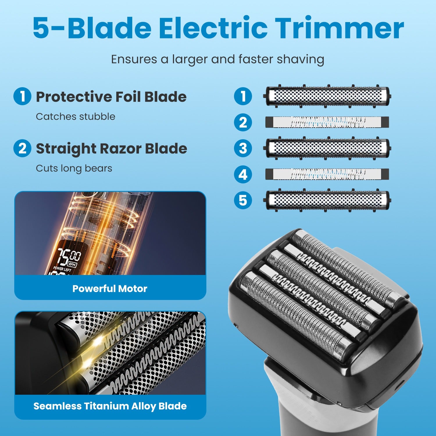 Rasoir électrique à 5 lames pour hommes, étanche IPX6, pour rasage humide ou sec, avec tondeuse de précision pour la mâchoire et les favoris, affichage LED et brosses de nettoyage