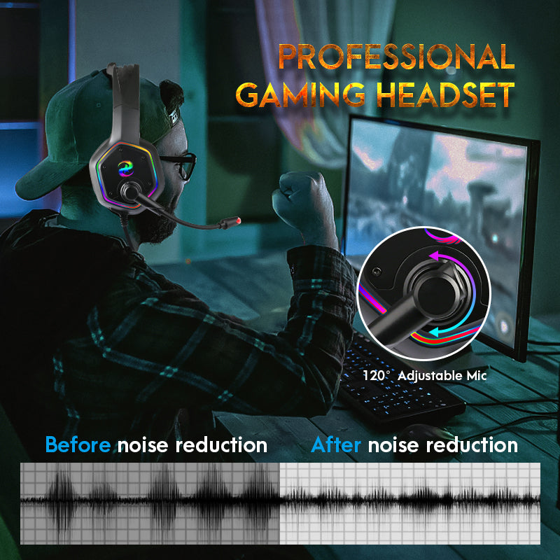 Casque Gaming – Son Surround 3D, Haut-parleurs 50mm, RGB, Micro Anti-Bruit, Filaire