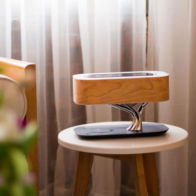 Lampe de table lumineuse créative en forme d'arbre, haut-parleur de musique compatible Bluetooth, lampe de chevet, intensité réglable, chargeur sans fil pour téléphone, lumières de bureau