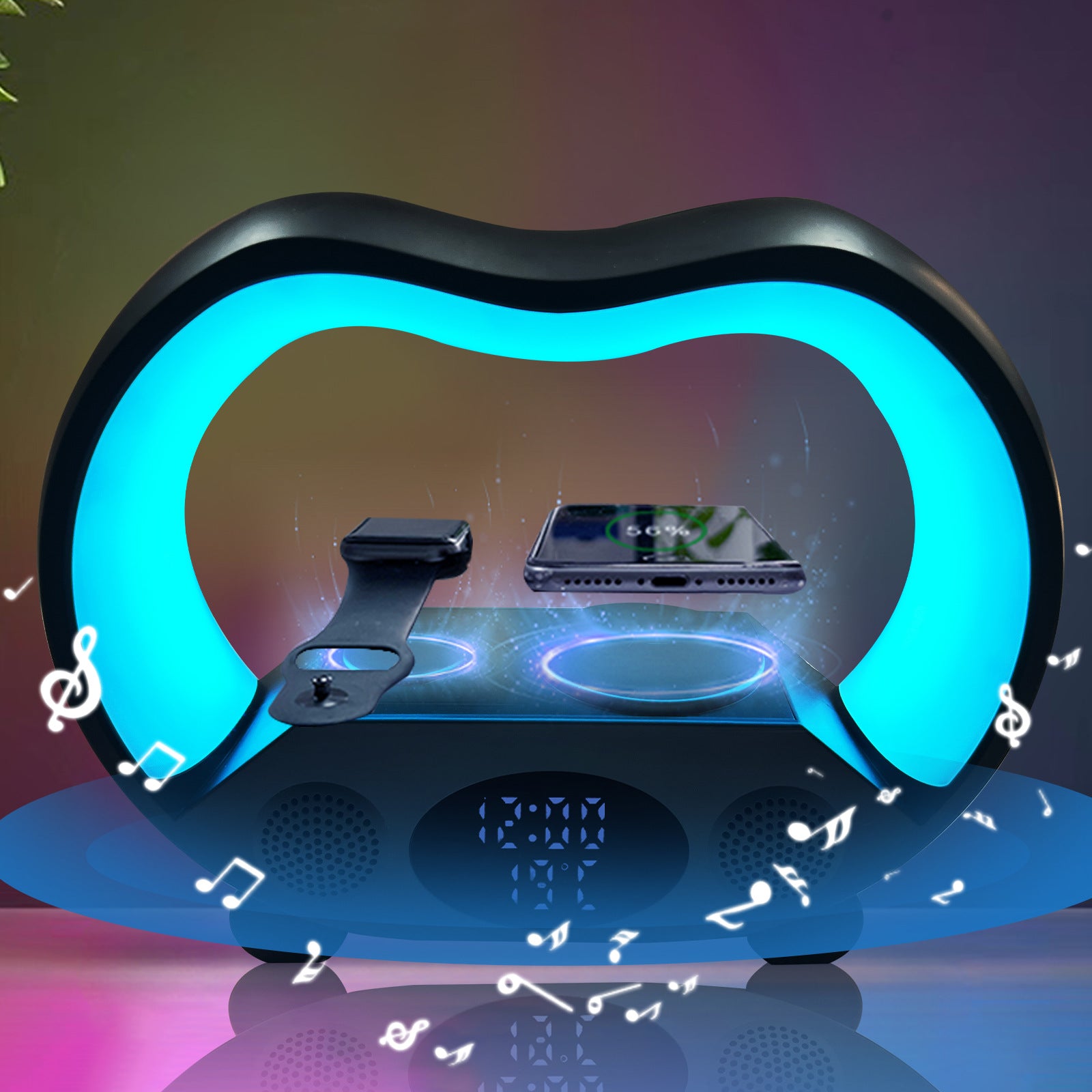6-in-1 Smart-LED-Tischleuchte – 15W kabelloses Ladegerät, Bluetooth-Lautsprecher, Uhr, 19 Lichtmodi