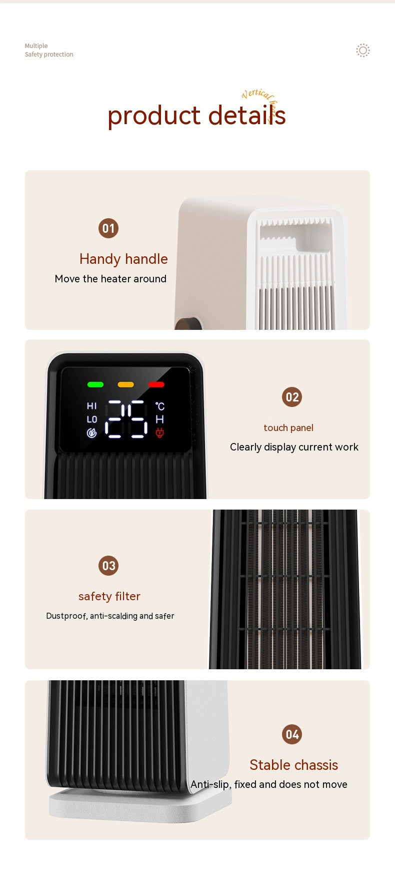 Mini-Desktop-Klimaanlage mit Heizfunktion — 1500W PTC, 3 Geschwindigkeiten, 2–8 Stunden Timer, Touch-Bedienung, 220V