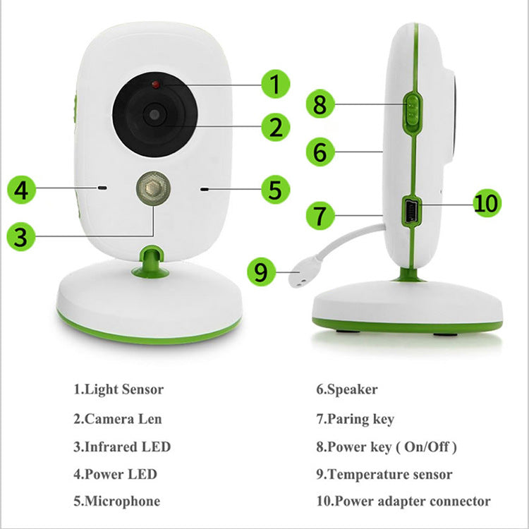 Babyphone vidéo sans fil – Écran LCD 2", Interphone bidirectionnel, Vision nocturne, Température