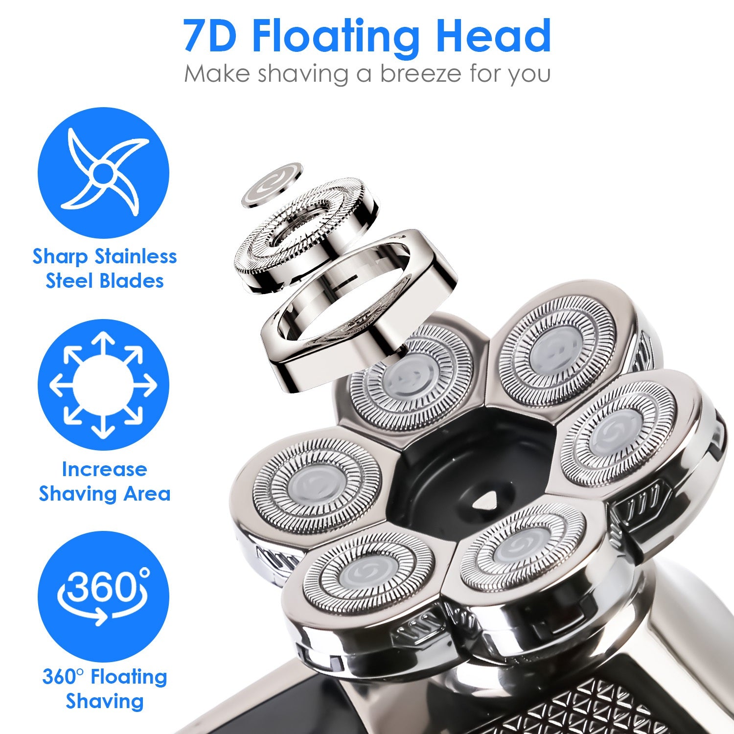 1 rasoir pour homme chauve 5 en 1 7D, rasoir électrique rotatif rechargeable sans fil, kit de toilettage étanche IPX6 pour homme, tondeuse à barbe sèche et humide avec 3 peignes