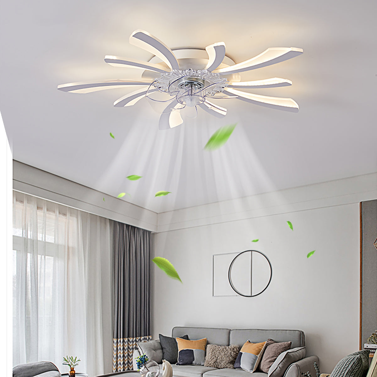 Ventilateur de plafond moderne et silencieux avec lumière — 50W, contrôle par application et télécommande, gradation continue, plusieurs styles de pales