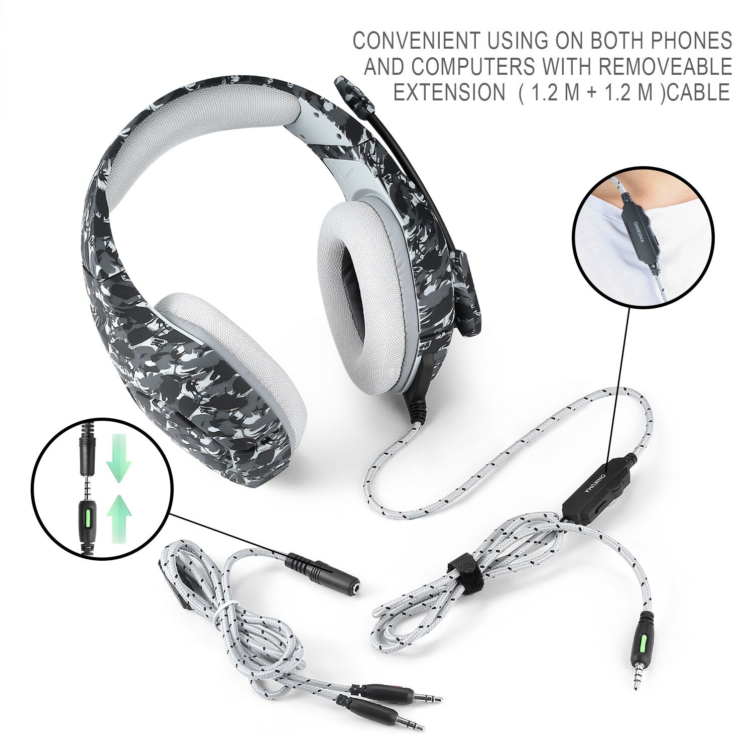 Casque gaming camouflage Destruction – 3,5 mm, haut-parleur 40 mm, câble tressé 2,2 m, PS4 et mobile