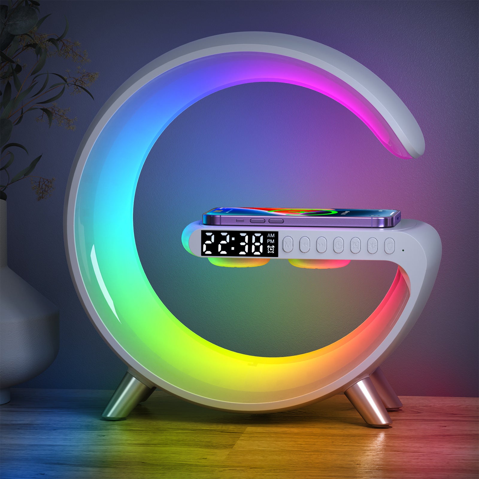 Lampe d'ambiance LED intelligente — Chargeur sans fil 15 W, haut-parleur Bluetooth, contrôle par application, 10 modes d'éclairage