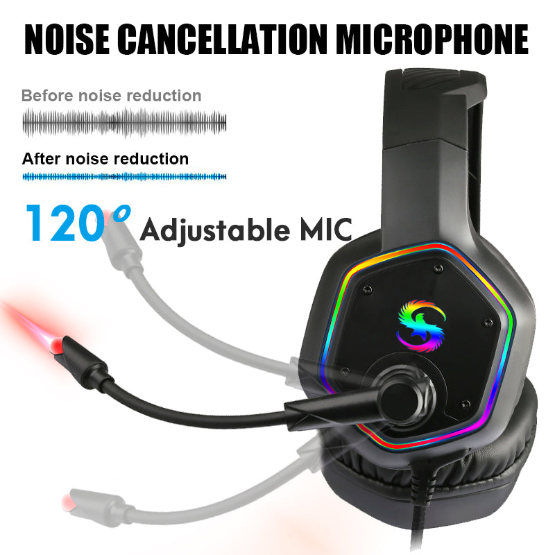 Casque Gaming – Son Surround 3D, Haut-parleurs 50mm, RGB, Micro Anti-Bruit, Filaire