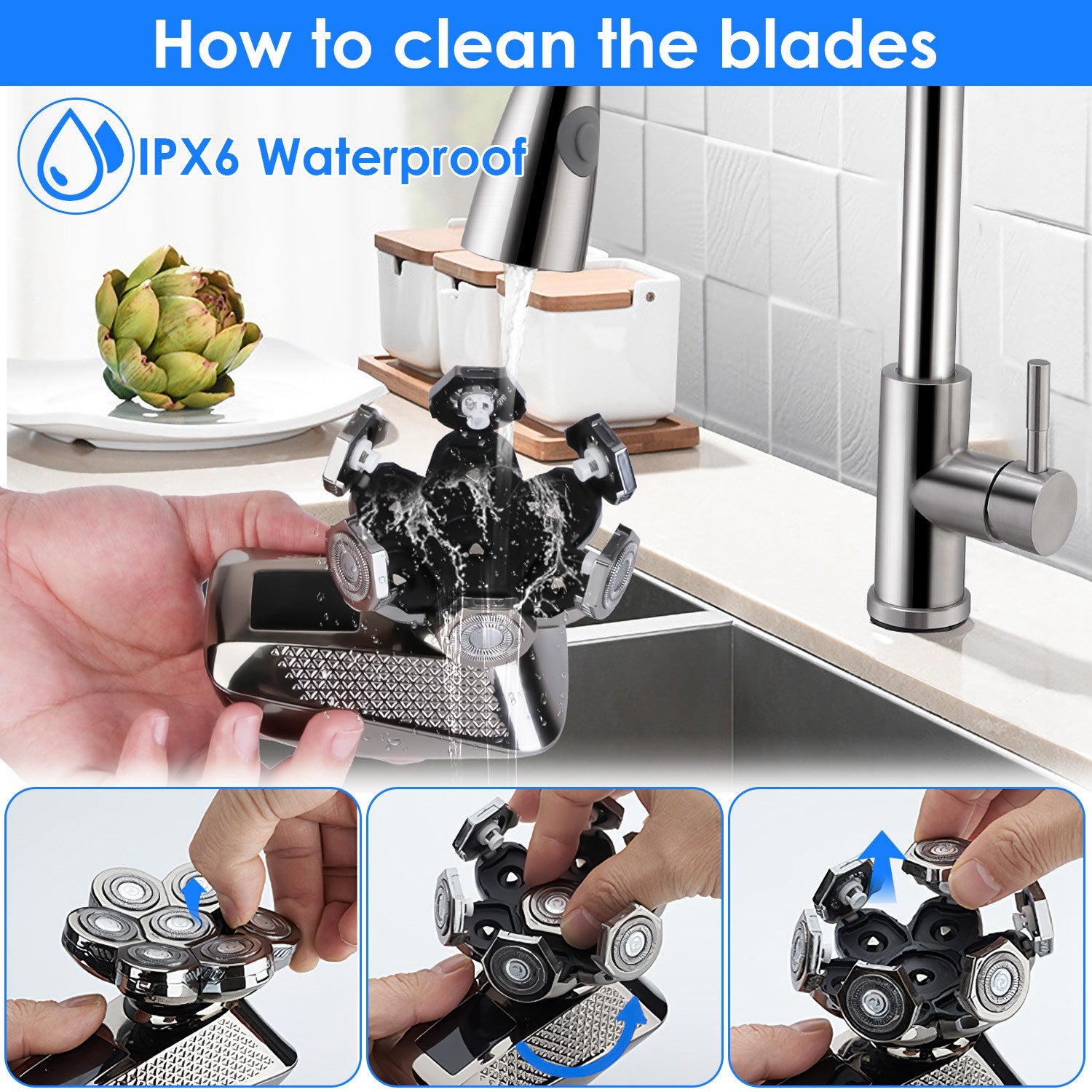 1 Stück Kopfrasierer für Glatzköpfe 5-in-1 7D Elektrischer Rotationsrasierer Wiederaufladbarer kabelloser Kopf-Bartschneider-Rasierer-Kit IPX6 Wasserdichtes Trocken-Nasspflege-Set mit 3 Kämmen