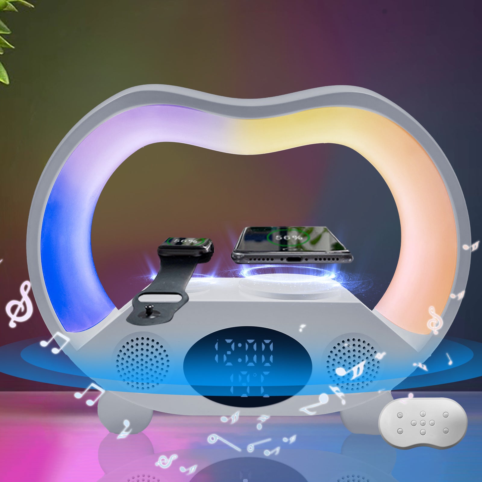 6-in-1 Smart-LED-Tischleuchte – 15W kabelloses Ladegerät, Bluetooth-Lautsprecher, Uhr, 19 Lichtmodi