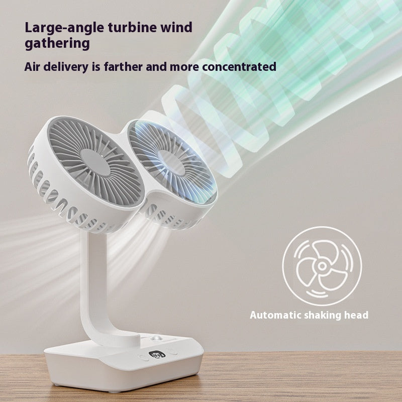 Dual-Head-USB-Ventilator — Bürstenloser Motor mit 4 Geschwindigkeiten, Auto-Oszillation, Fülllicht, extrem leise