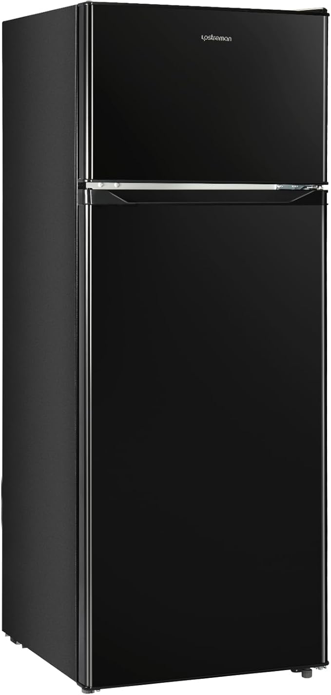 Upstreman 7.7 Cu.Ft. Refrigerator with Freezer, Double Door Fridge, Adjustable Thermostat, Large Capacity, Reversible Door Swing, Refrigerator for Apartment, Office, Dorm, Black（BD75）
