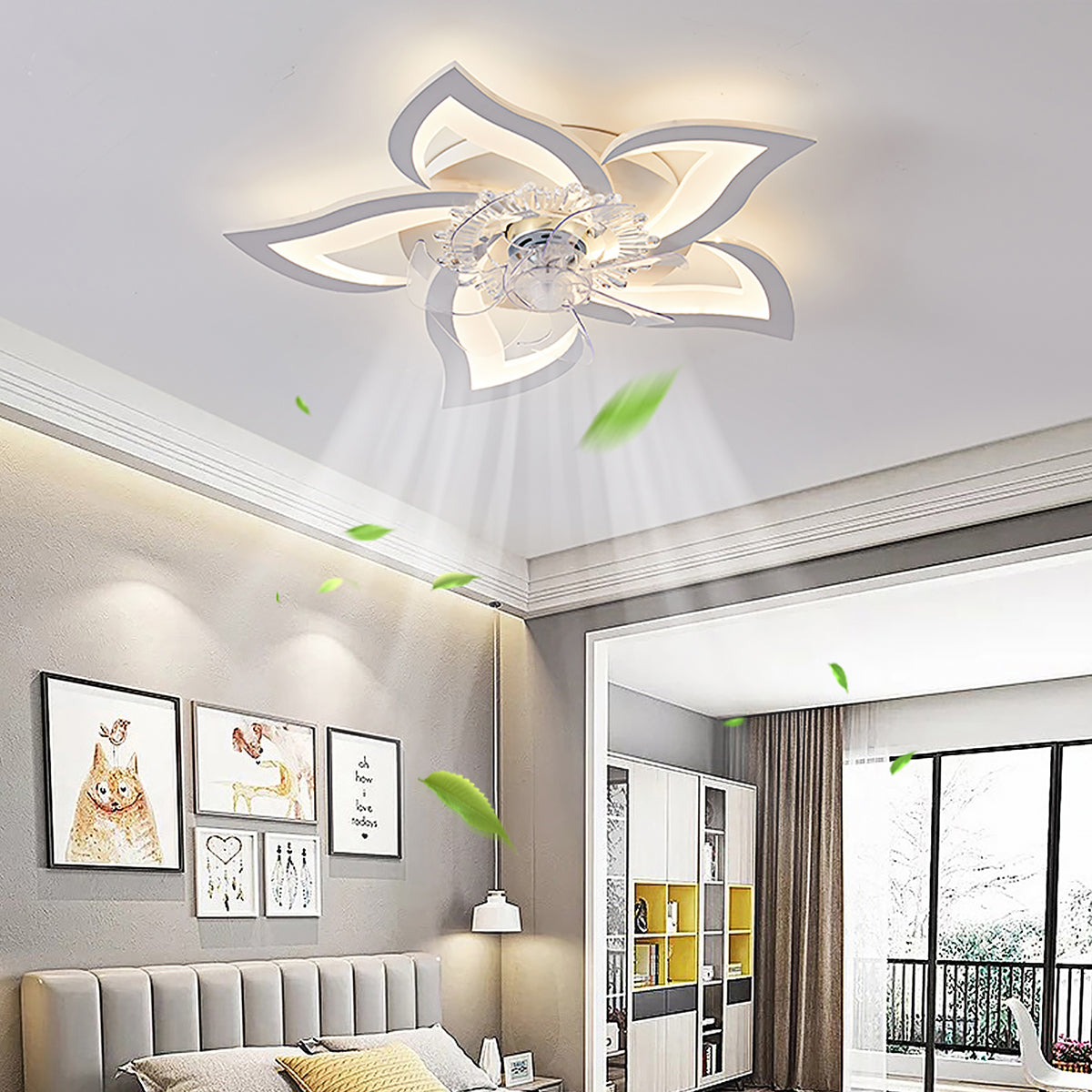 Ventilateur de plafond moderne et silencieux avec lumière — 50W, contrôle par application et télécommande, gradation continue, plusieurs styles de pales
