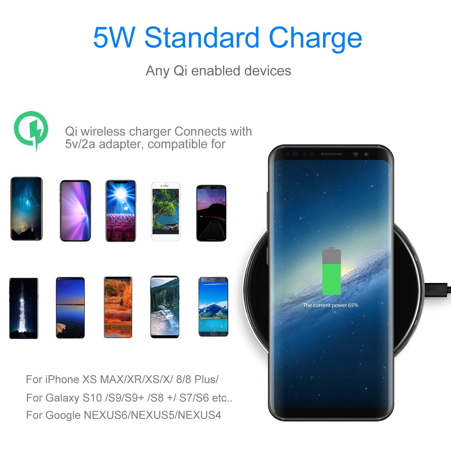 1 Stück kabelloses Ladegerät, Qi-zertifiziert, ultraschlank, 5W Ladepad für iOS-Telefone XS MAX XR XS X 8 8 Plus Galaxy S10 S9 S8 S7