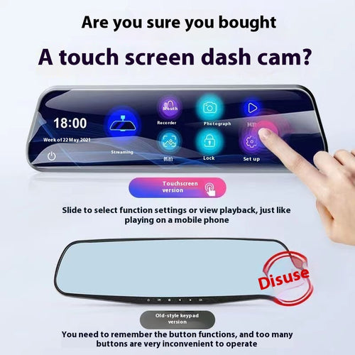 10" Mirror Dash Cam — Touch Screen, Dual Recording