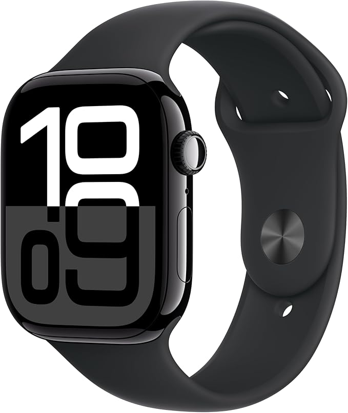 Apple Watch Series 10 [GPS 46mm case] Smartwatch with Jet Black Aluminum Case with Black Sport Band - M/L. Fitness Tracker, ECG App, Always-On Retina Display, Water Resistant