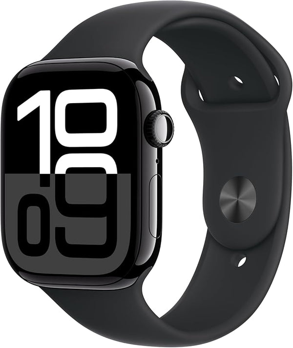 Apple Watch Series 10 [GPS 46mm case] Smartwatch with Jet Black Aluminum Case with Black Sport Band - M/L. Fitness Tracker, ECG App, Always-On Retina Display, Water Resistant