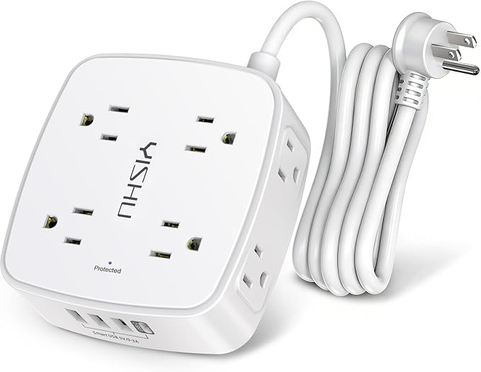 6 Ft Surge Protector Power Strip - 8 Widely Outlets with 4 USB Ports, 3 Side Outlet Extender with 6 Feet Extension Cord, Flat Plug, Wall Mount, Desk USB Charging Station, ETL,White