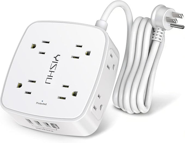 6 Ft Surge Protector Power Strip - 8 Widely Outlets with 4 USB Ports, 3 Side Outlet Extender with 6 Feet Extension Cord, Flat Plug, Wall Mount, Desk USB Charging Station, ETL,White