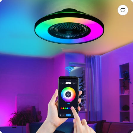 Ventilateur de plafond intelligent 23" avec lumière LED RGB — Contrôle par application et télécommande, moteur DC 6 vitesses, intensité réglable
