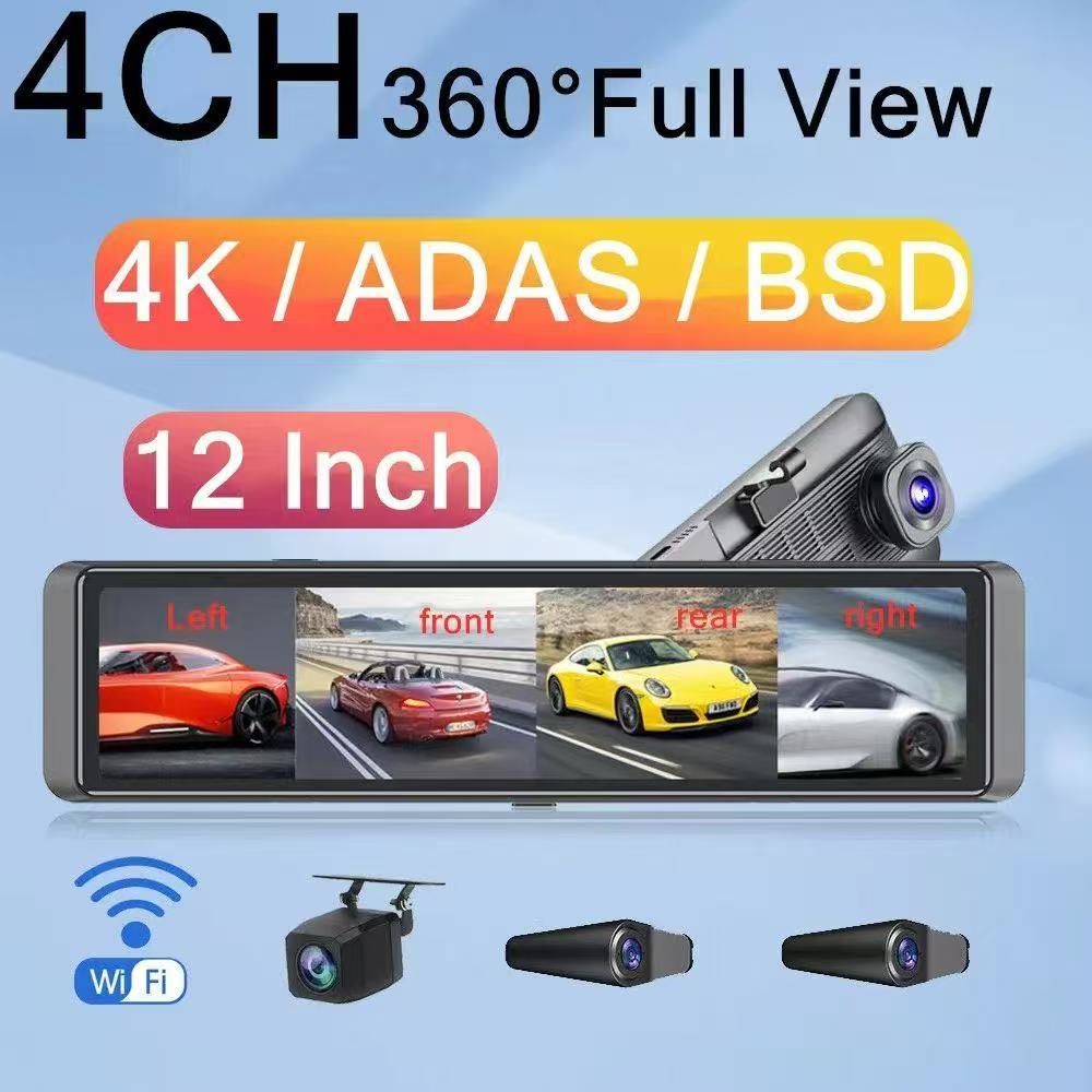 4K Mirror Dash Cam — 360°, 12" Full Screen