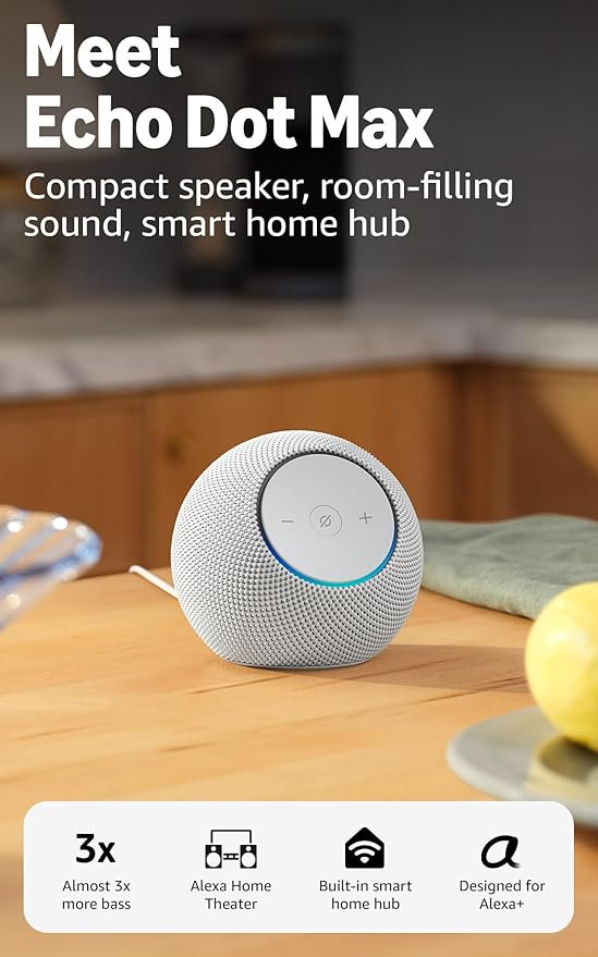 Amazon Echo Dot Max (newest model), Alexa speaker with room-filling sound and nearly 3x bass, Great for living rooms and medium-sized spaces, Designed for Alexa+, Glacier White
