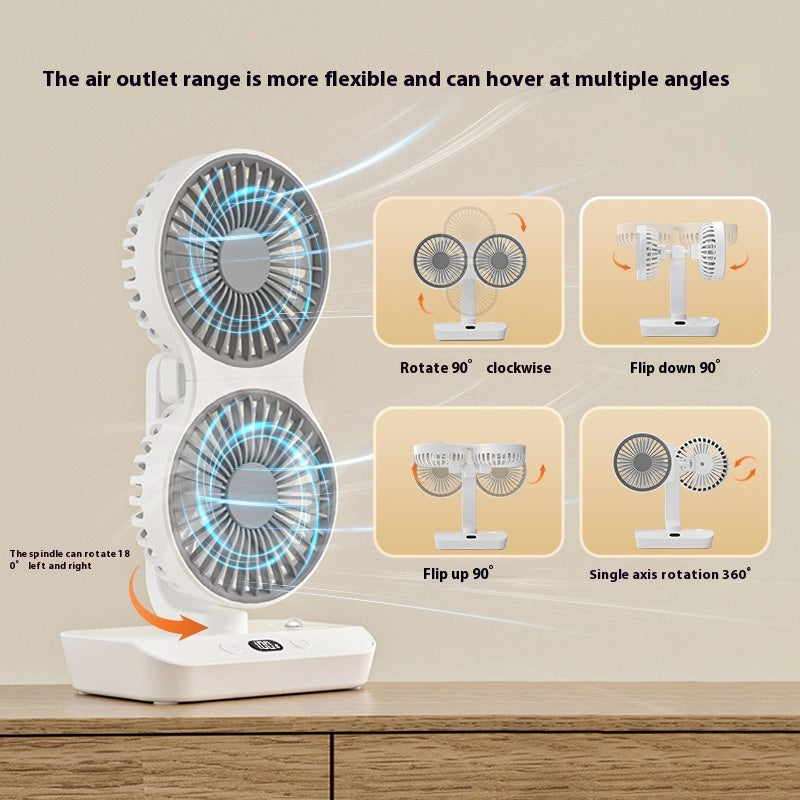 Dual-Head-USB-Ventilator — Bürstenloser Motor mit 4 Geschwindigkeiten, Auto-Oszillation, Fülllicht, extrem leise