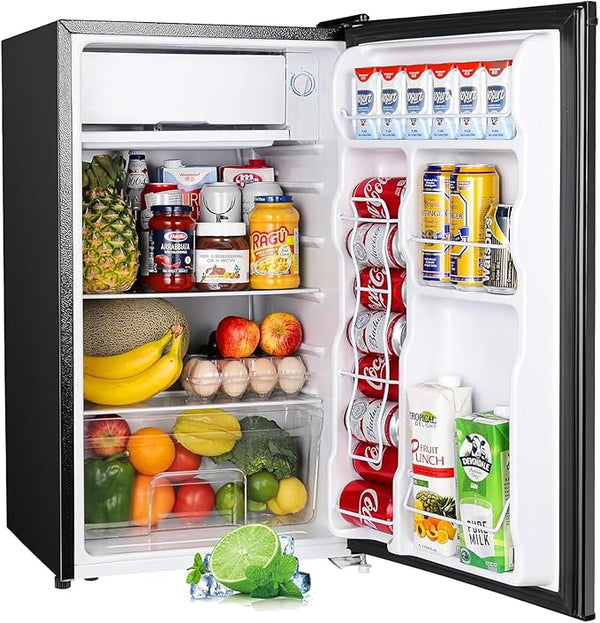 Upstreman 3.2 Cu.Ft Mini Fridge with Freezer, Single Door Compact Refrigerator, Adjustable Thermostat, Small Refrigerator for Dorm, Bedroom, Office, Black-BR321