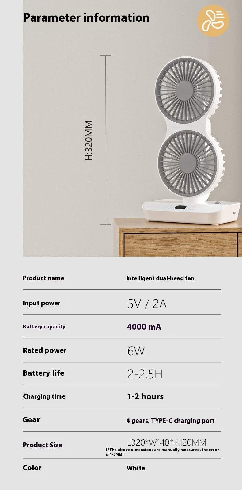 Dual-Head-USB-Ventilator — Bürstenloser Motor mit 4 Geschwindigkeiten, Auto-Oszillation, Fülllicht, extrem leise