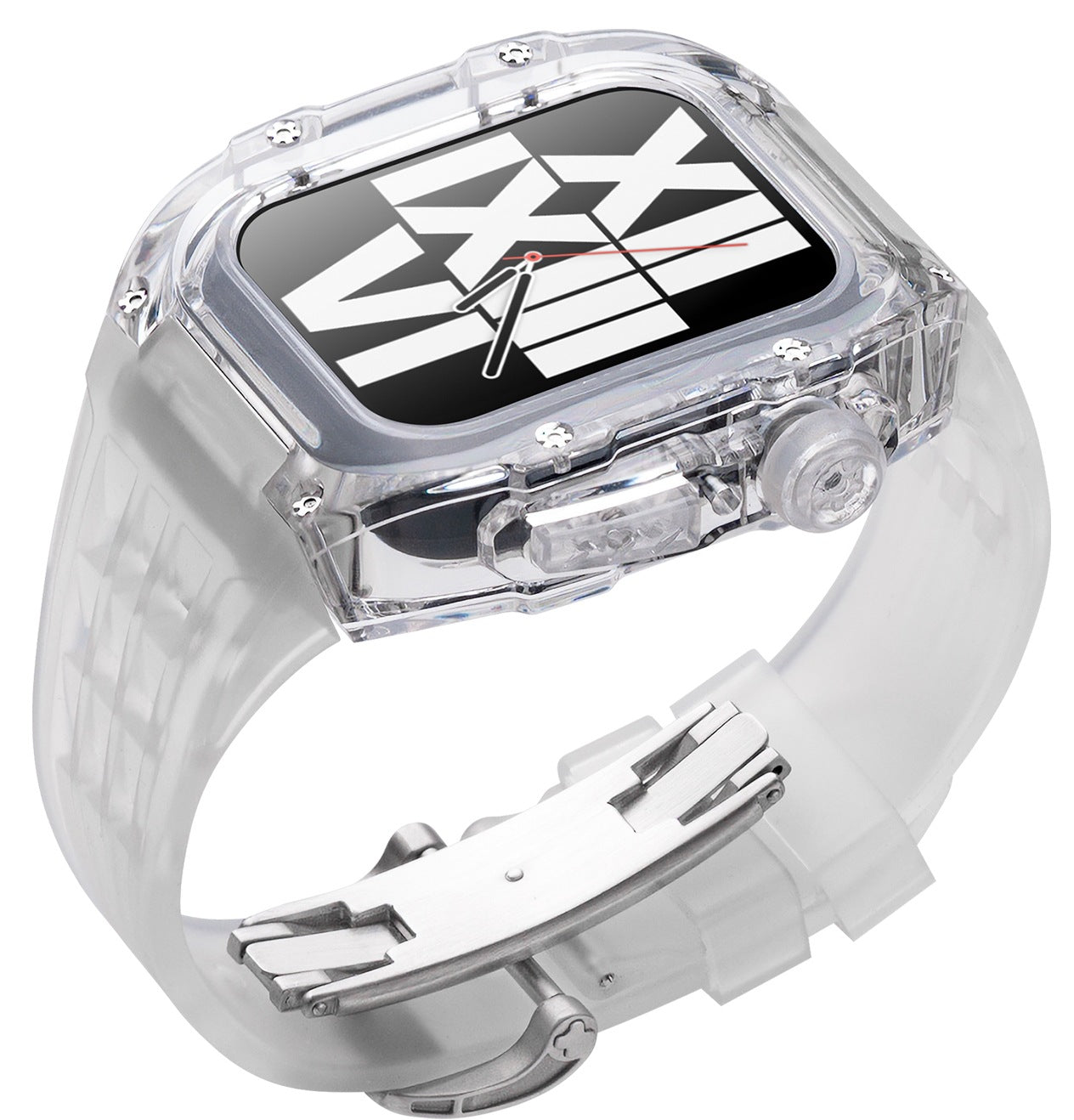 Coque transparente en cristal avec bracelet en caoutchouc fluoré