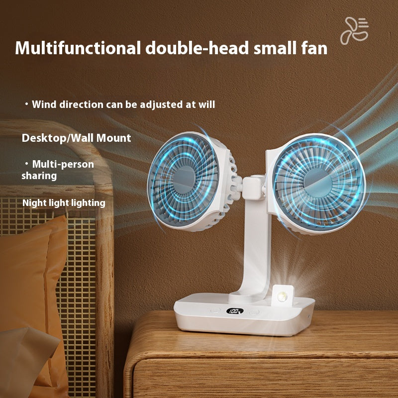 Dual-Head-USB-Ventilator — Bürstenloser Motor mit 4 Geschwindigkeiten, Auto-Oszillation, Fülllicht, extrem leise