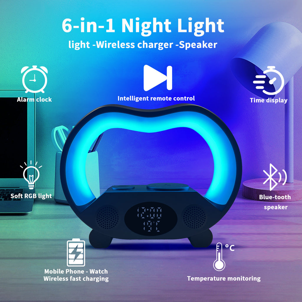 6-in-1 Smart-LED-Tischleuchte – 15W kabelloses Ladegerät, Bluetooth-Lautsprecher, Uhr, 19 Lichtmodi