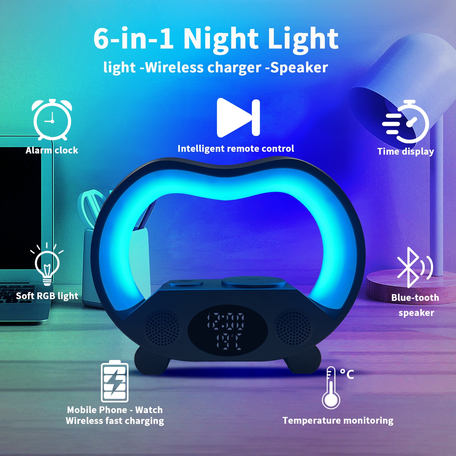 6-in-1 Smart-LED-Tischleuchte – 15W kabelloses Ladegerät, Bluetooth-Lautsprecher, Uhr, 19 Lichtmodi