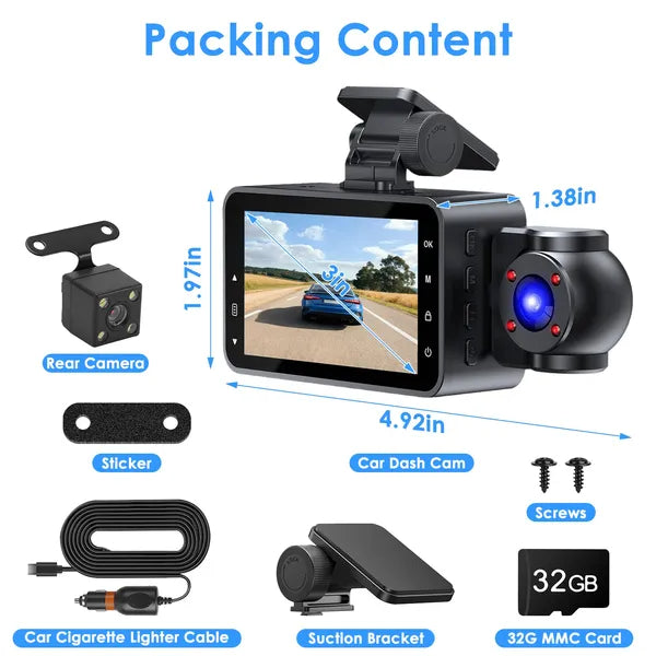 WiFi 3-Channel Dash Cam — 1080P, Night Vision