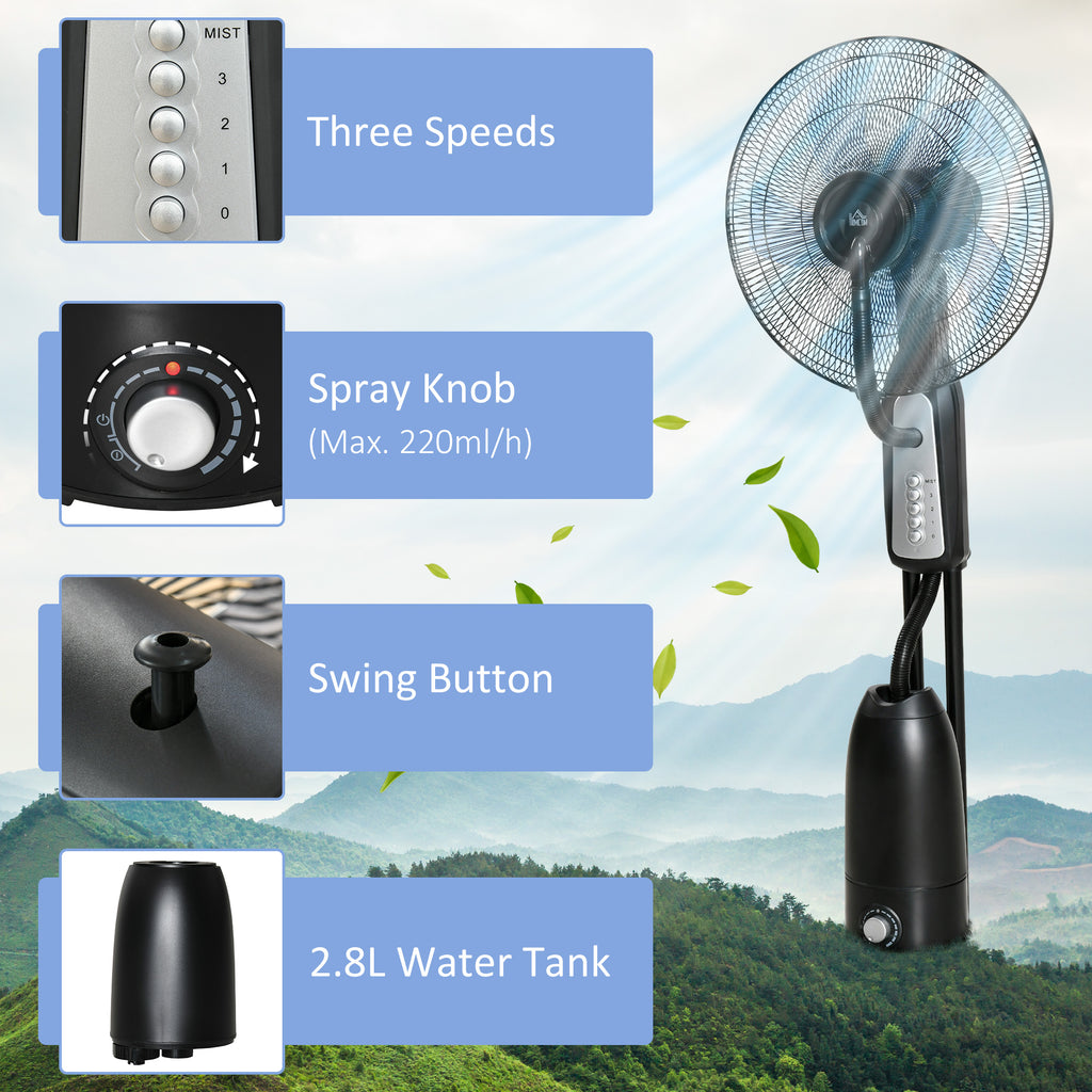 HOMCOM 18" Pedestal Fan with Water Mist Spray Standing Fan, 2.8L Tank Black