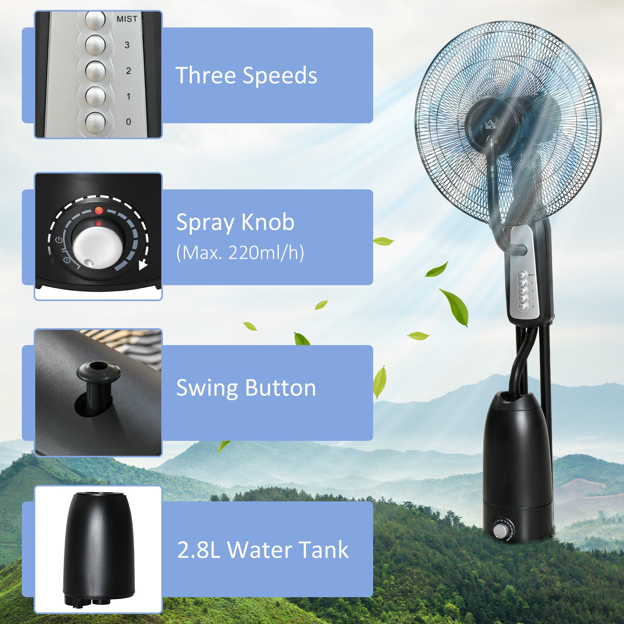 HOMCOM 18" Pedestal Fan with Water Mist Spray Standing Fan, 2.8L Tank Black