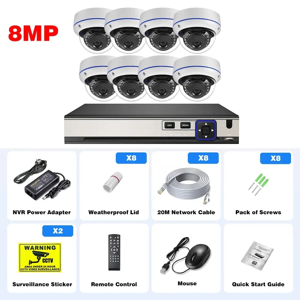 Kit de caméra de sécurité POE 10 canaux 4K 8MP Audio Détection de mouvement Caméra dôme extérieure anti-vandalisme 5MP 4MP Protection de surveillance CCTV
