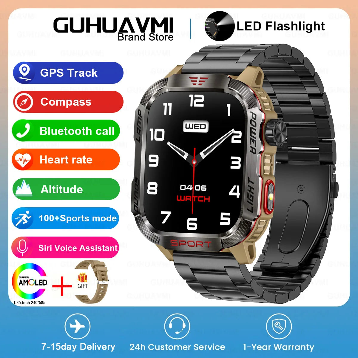 GUHUAVMI Outdoor Watch — AMOLED, GPS, Bluetooth