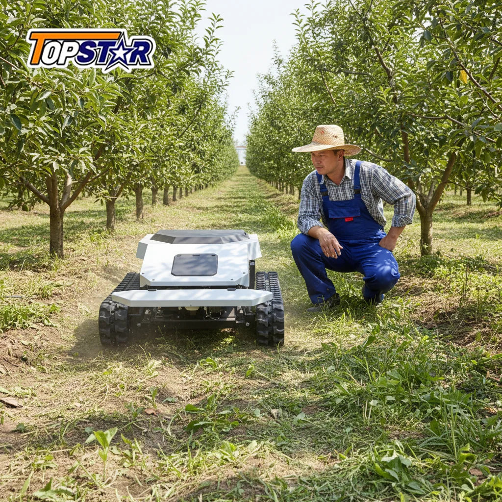 Cordless Tracked Lawn Mower with Obstacle Detection And GPS Remote Control for Rough Terrain Commercial Farm Use