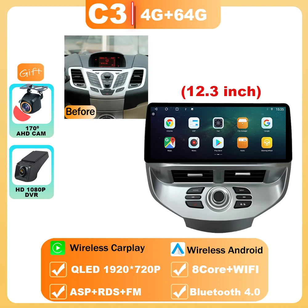 12.3" Android 15 Car Radio — Compatible with Ford Fiesta | QLED | 4G