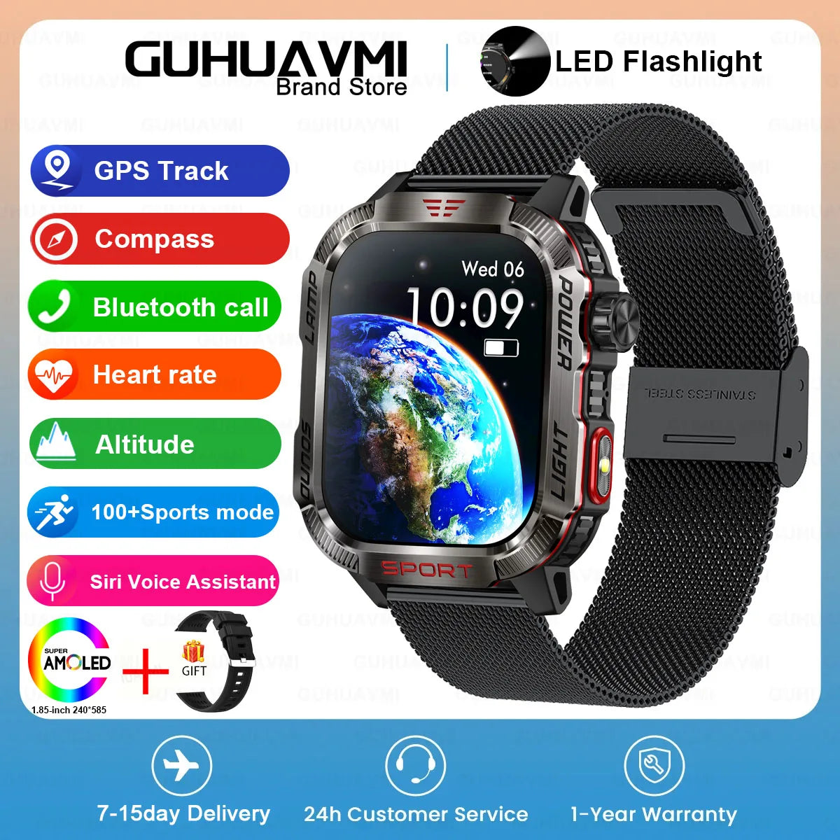GUHUAVMI Outdoor Watch — AMOLED, GPS, Bluetooth