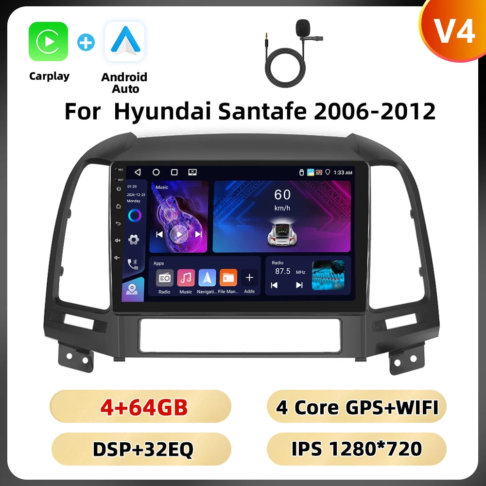 Podofo Hyundai Santa Fe — 8+128G, CarPlay, 4G