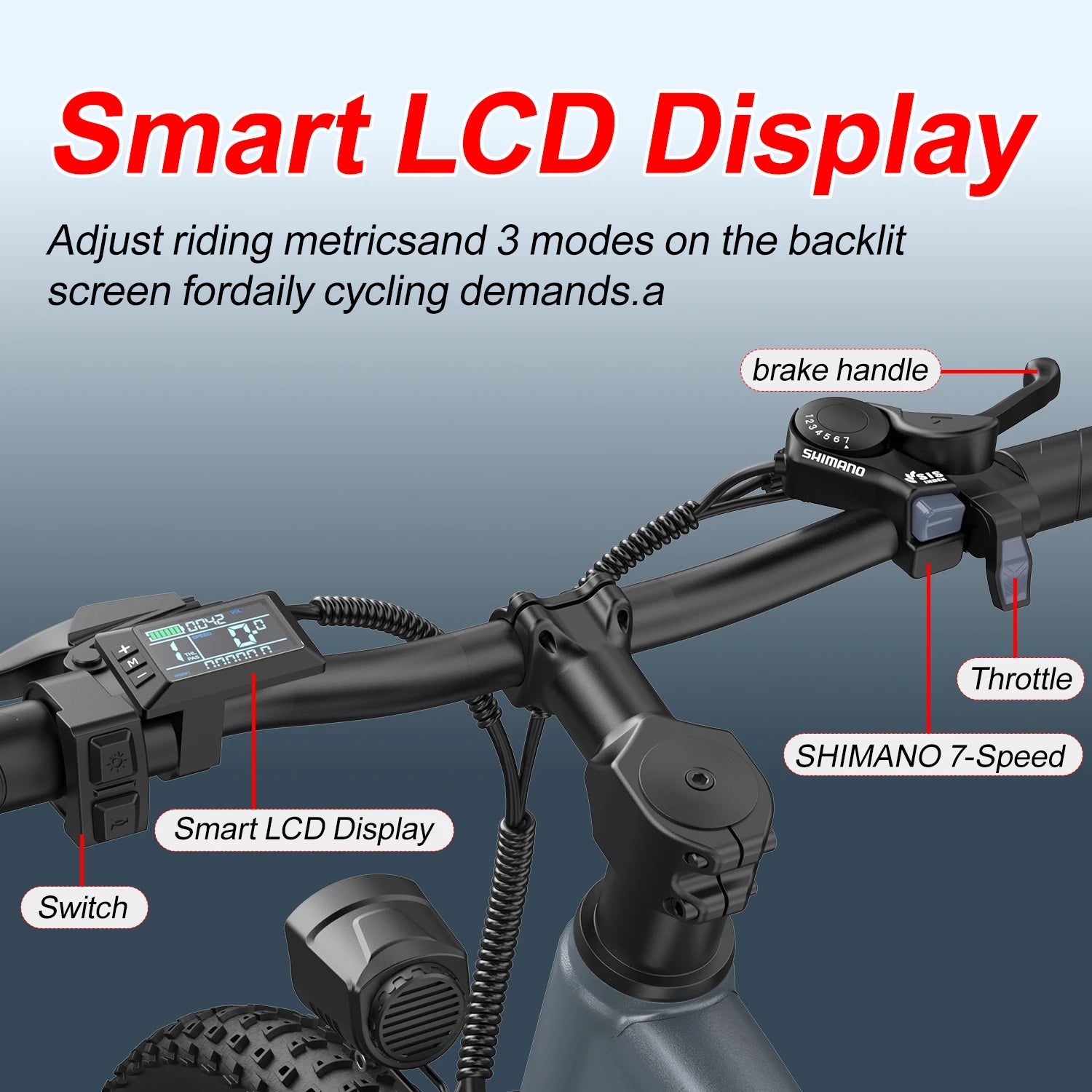 Adult electric bike with a 500W motor, 26x1.95 anti-slip tyres, a 36V 10.4Ah removable battery, a 7-speed gear system, and unisex pedal-assisted electric bike