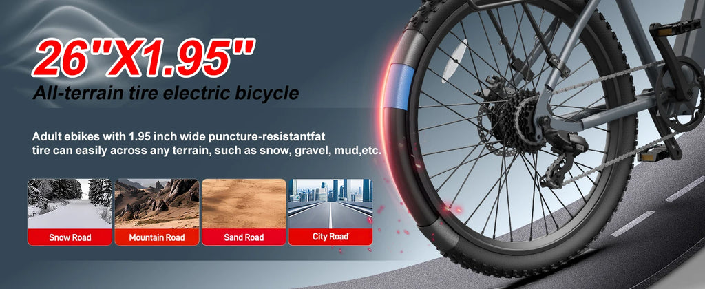Adult electric bike with a 500W motor, 26x1.95 anti-slip tyres, a 36V 10.4Ah removable battery, a 7-speed gear system, and unisex pedal-assisted electric bike