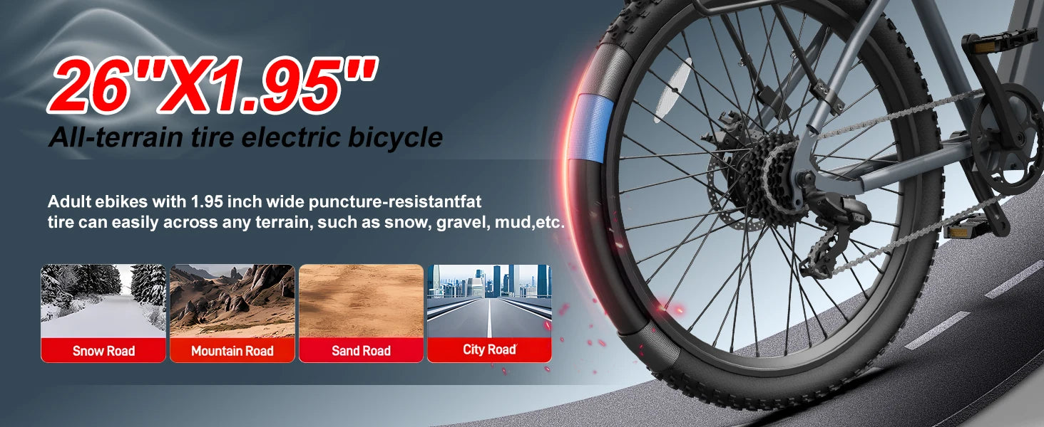 Adult electric bike with a 500W motor, 26x1.95 anti-slip tyres, a 36V 10.4Ah removable battery, a 7-speed gear system, and unisex pedal-assisted electric bike