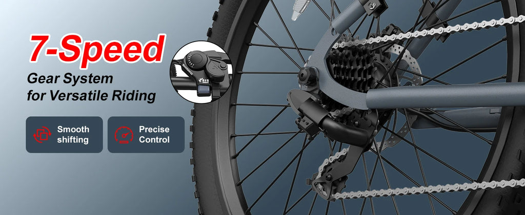 Adult electric bike with a 500W motor, 26x1.95 anti-slip tyres, a 36V 10.4Ah removable battery, a 7-speed gear system, and unisex pedal-assisted electric bike