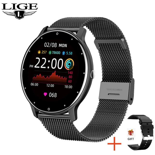 LIGE Montre intelligente Hommes Femmes Écran tactile complet Sport Fitness Montre Homme IP67 Étanche Bluetooth Pour Android IOS Smartwatch Hommes