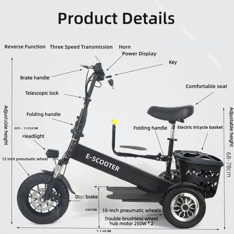 Foldable Mini Electric Tricycle For Woman with toddler seat 500W 36V lightweight Three Wheels Electric Scooter For Adults Basket